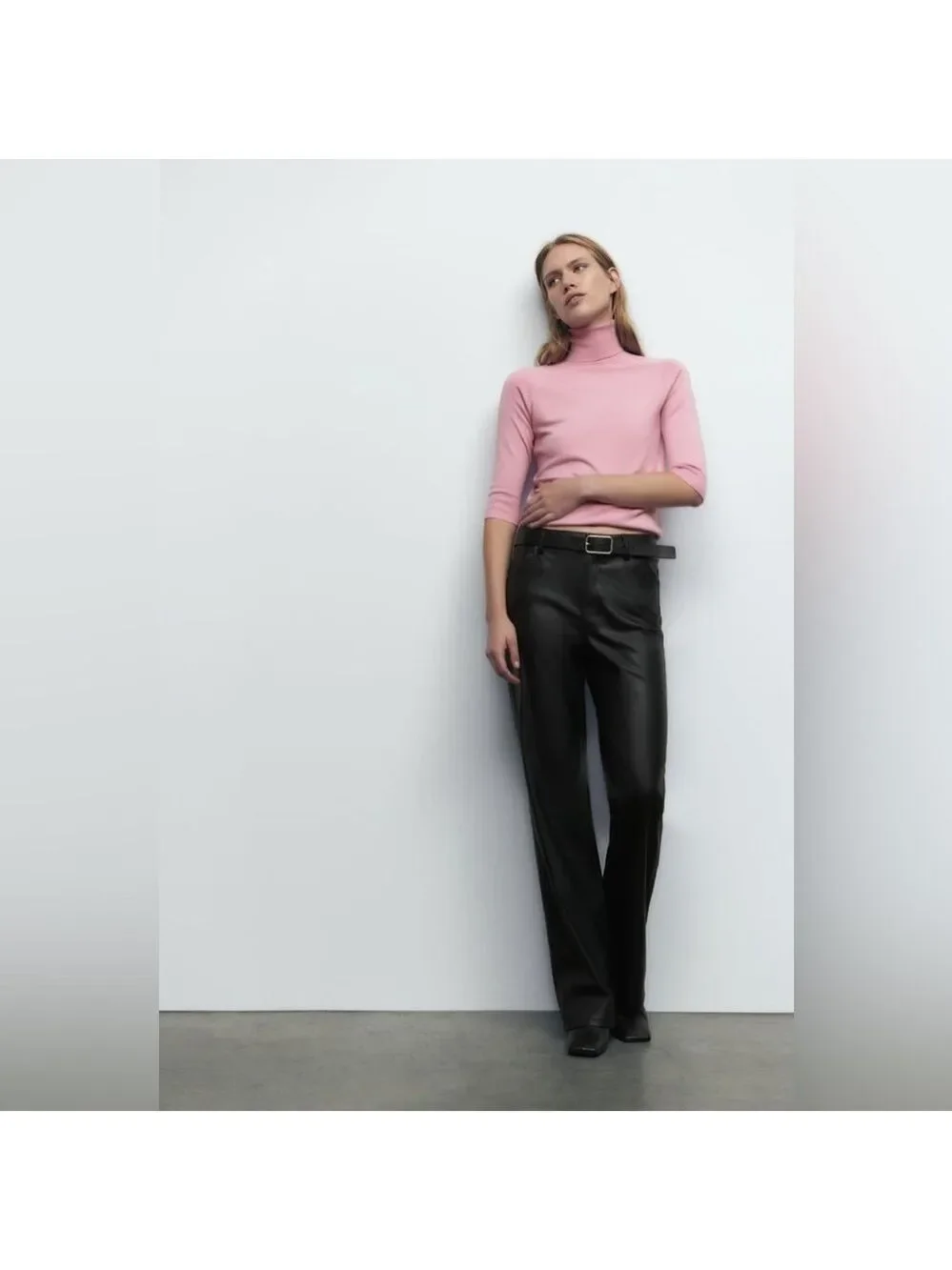 Zara High Collar Turtleneck Fine Ribbed Knit 3/4 Sleeve Sweater in Pink - Picture 7 of 14